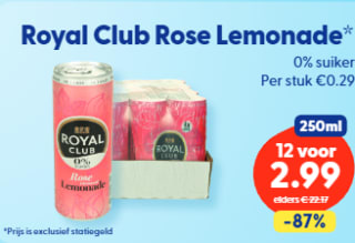 Royal Club Rose Lemonade 0% blik (12x 25cl) voor €2,99 bij Die Grenze