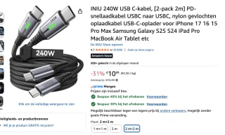 INIU D7CC USB C naar C-kabel 240W (2 m, 2-pack) voor €7,69 bij Amazon