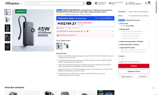 Cargador UGREEN 20000mAh 45W por $527 | Oferta AliExpress