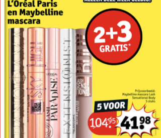 5 Stuks Mascara van L'Oreal Paris en Maybelline voor €41,98 bij kruidvat