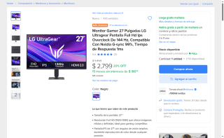 Monitor LG 27" Full HD 144Hz por $2,799 | Mercado Libre