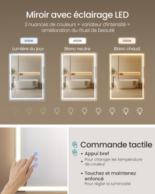 Miroir de salle de bains rectangulaire LED anti-buée SONGMICS à 69,99€