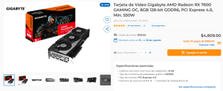 Tarjeta de Video Gigabyte AMD Radeon RX 7600 GAMING OC 8GB por $4,809 en CyberPuerta
