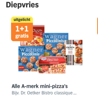 Alle A-merk mini-pizza's 1+1 gratis bij de AH