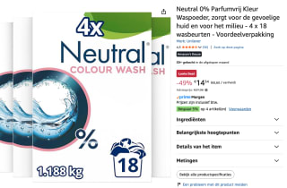 Neutral 0% Parfumvrij 4 x 18 wasbeurten - Voordeelverpakking voor €12,91 bij Amazon