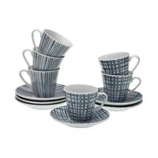 Pack de 6 Tazas de Café con Platos Versa de Porcelana con Rayas Azules por 4.99€