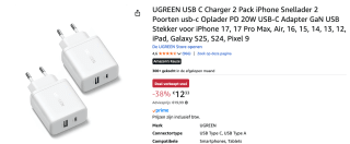 UGREEN USB-C Snellader 20W (2-pack) nu in de aanbieding