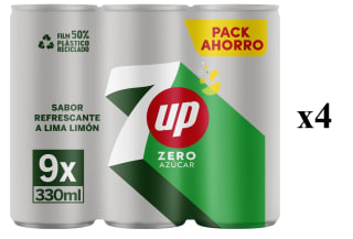 4 Packs de 9 Latas de 33cl de 7UP Zero de lima-limón sin azúcar por 11.6€