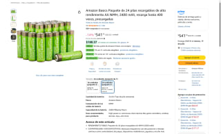 Paquete 24 Pilas Recargables AA 2400mAh por $556 | Amazon