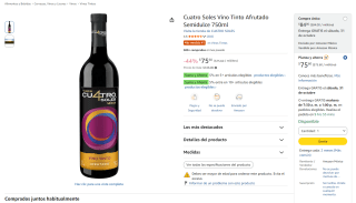 Cuatro Soles Vino Tinto Afrutado Semidulce 750ml por $76 en Amazon