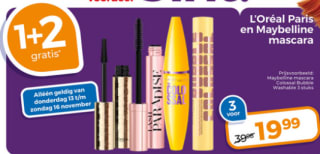 1 + 2 gratis mascara Maybelline & L'Oreal Paris bij Trekpleister