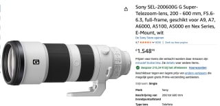 Sony FE 200–600 MM F5.6–6.3 G OSS MILC Telezoomlens Wit voor €1.333,65 bij Amazon