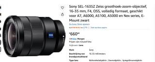 Sony SEL-1635Z Zeiss groothoek-zoom-objectief voor €660,68 bij Amazon