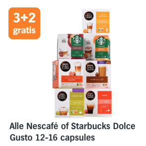 Alle Nescafé of Starbucks Dolce Gusto 12-16 capsules 3+2 gratis bij de AH