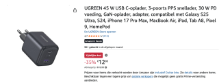 UGREEN 45 W USB C-oplader, 3-poorts voor €12,98 bij Amazon