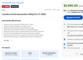 Lavadora Atvio Automática 18Kg TL-18KG por $5,990 en Walmart
