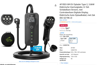 AFYEEV 6M EV Oplader Type 2, 3.6kW voor €84,15 bij Amazon