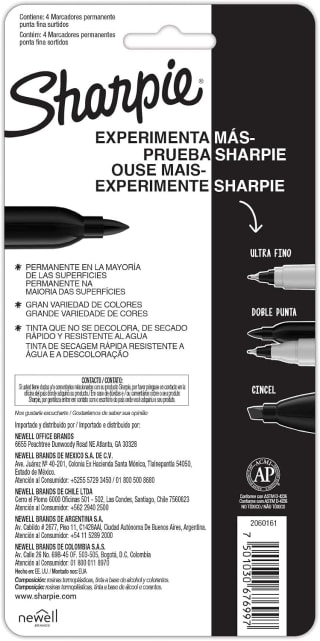 Sharpie Marcadores Permanentes punta fina, negro 4 piezas por $49 en Amazon