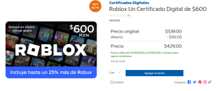 Certificado Roblox $600 por $429 | Oferta Costco