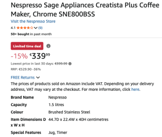 Nespresso Sage Creatista Plus - Koffiecupmachine voor €339,99 bij Amazon