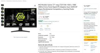 Monitor MSI Gamer 27" MAG 272F por $1,926 en Amazon