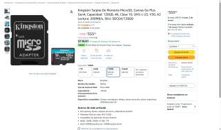 Kingston MicroSD Canvas Go Plus 128GB por $356 | Amazon