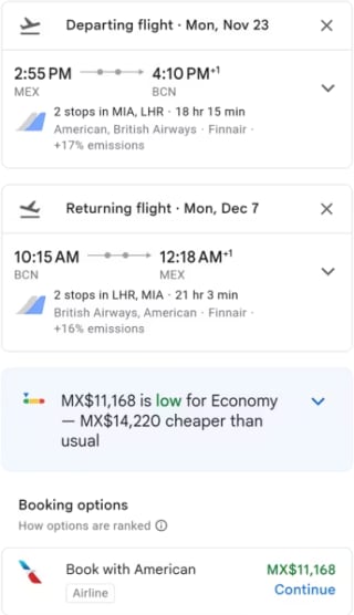 Vuelo redondo México a Barcelona desde $11,168 en American Airlines