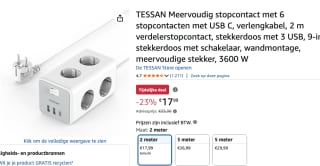 TESSAN Meervoudig stopcontact met 6 stopcontacten met USB C voor €18,30 bij Amazon
