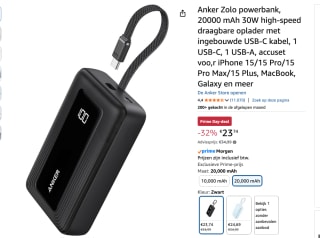 Anker Zolo Powerbank 20.000mAh - 30W voor €23,74 bij Amazon