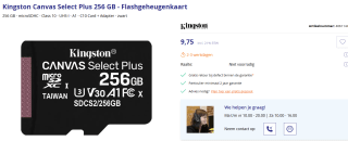 Kingston MicroSD Canvas Select Plus 256GB voor €9,75 bij Azerty