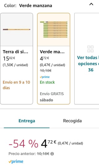 10 Rotuladores stabilo punta de fibra point 88 verde manzana 0,4 mm por 4,72€.