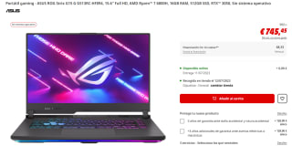 Ordenador Portátil gaming - ASUS ROG Strix G15 G G513RC-HF094, 15.6" Full HD, AMD Ryzen™ 7 6800H, 16GB RAM, 512GB SSD, RTX™ 3050, Sin sistema operativo por 745.45€