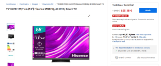 Televisión MiniLED de 55 pulgadas Hisense 55U8HQ, 4K UHD por 655,18€