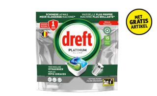 Bij aankoop van 1 of 2 actieproducten, gratis Dreft Platinum All-in-One Vaatwascapsules 15 stuks twv €8,49 bij Kruidvat