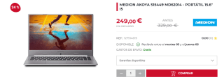 Portátil Medion Akoya S15449 Intel Core I5-1135G7/ 8GB/ 512GB SSD por 249€