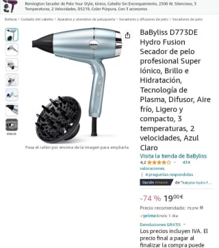 Secador de pelo marca babyliss modelo D773DE por 19€
