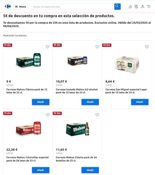 -5€ de Descuento directo por compra de 25€ en Carrefour.