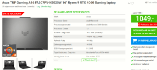 ASUS TUF Gaming A16 gaming laptop met RTX4060 voor €1.049 bij Megekko