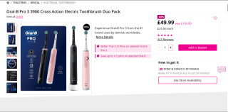 Oral-B Pro 3 3900 Cross Action Electric Toothbrush Duo Pack - £49.99