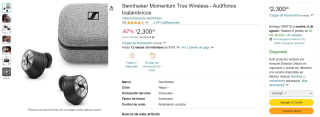 Audífonos Sennheiser Momentum por $2,301 en Amazon