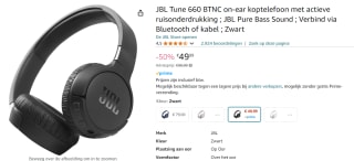JBL TUNE 660NC Zwart met Actieve Noise Cancelling voor €49,99 bij Amazon