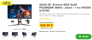 ASUS ROG Swift PG259QNR monitor voor €429 bij Proshop