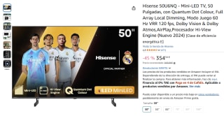 Hisense 50U6NQ Mini-LED TV, 50 Pulgadas, con Quantum Dot Colour, Full Array Local Dimming por 354,54€