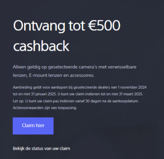 Tot €500 cashback op camera en lenzen bij Sony