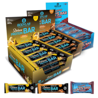 3 dozen met 12 repen van 100 of 50 g Deluxe Protein Bar of Protein Oats Bar voor €34,99 bij Bodylab