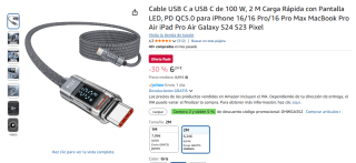Toocki Cable USB C a USB C de 100 W y 2 Metros con Pantalla LED – Carga Rápida PD/QC5.0 por 6,24€
