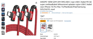 3x Ainope 100W USB C naar USB C Kabels (2M+2M+3M) voor €14,99 bij Amazon