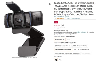 Logitech C920s Pro HD Webcam voor €56,20 bij Amazon