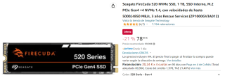 Disco Duro Seagate FireCuda 520 1TB SSD NVMe M.2 PCIe Gen4 ×4 NVMe 1.4 por 78.99€