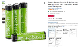 Amazon Basics Paquete 4 pilas recargables AAA NiMH por 5,49€ y las AA por 6,17€